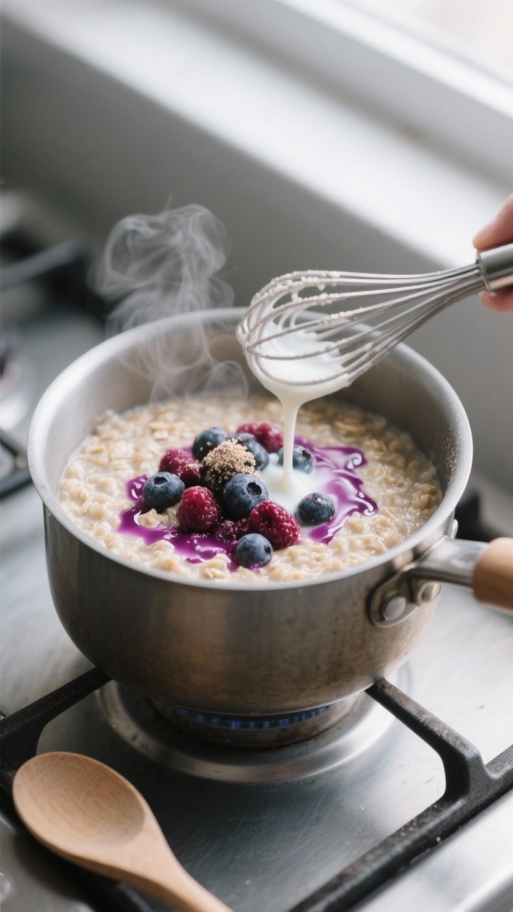 Cooking process close-up: A small saucepan of just-cooked oatmeal off the heat with berries folded i