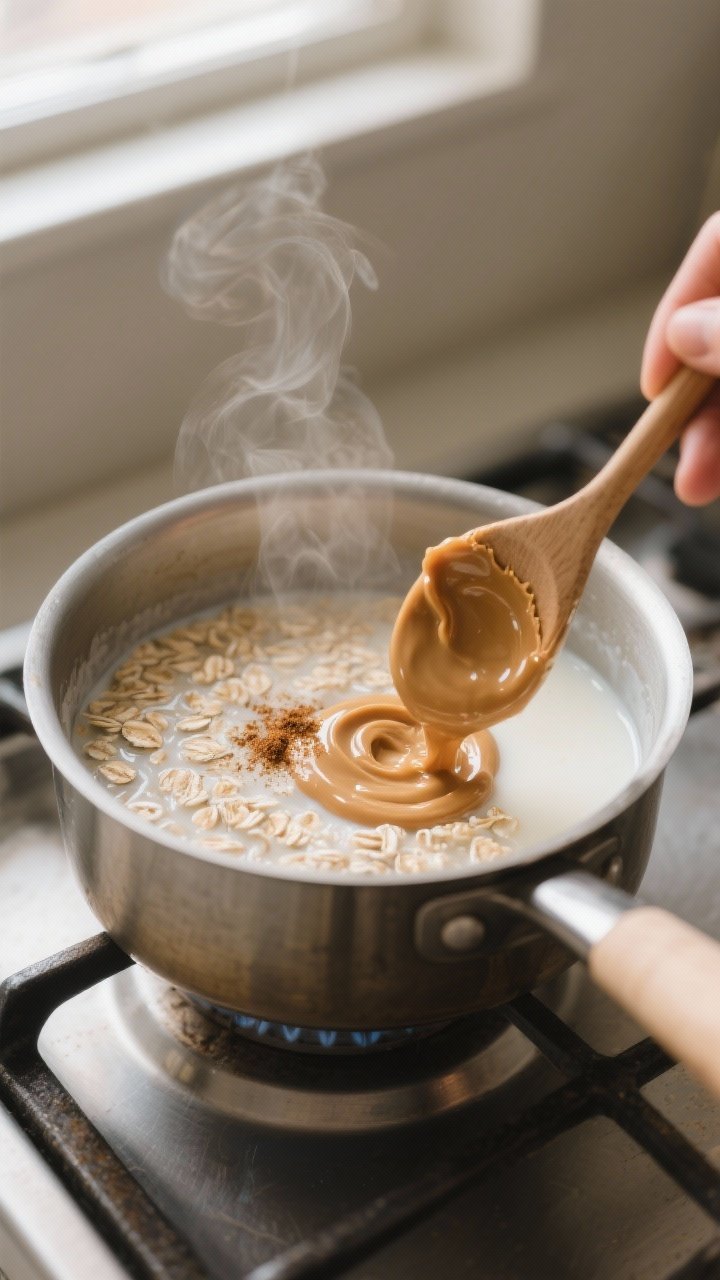 Cooking process close-up: A small saucepan of rolled oats simmering gently with milk and water, visi