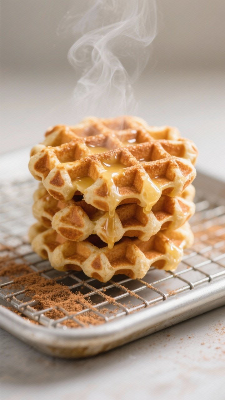 Cooking process close-up: A stack of golden mini waffle dippers just out of the toaster, steam softl
