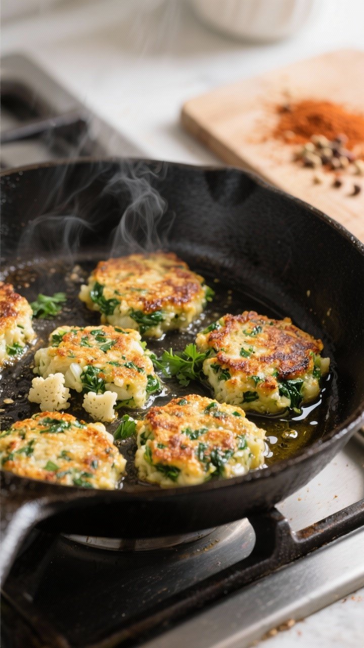 Cooking process close-up: Cauliflower & spinach patties sizzling in a cast-iron skillet over medium 