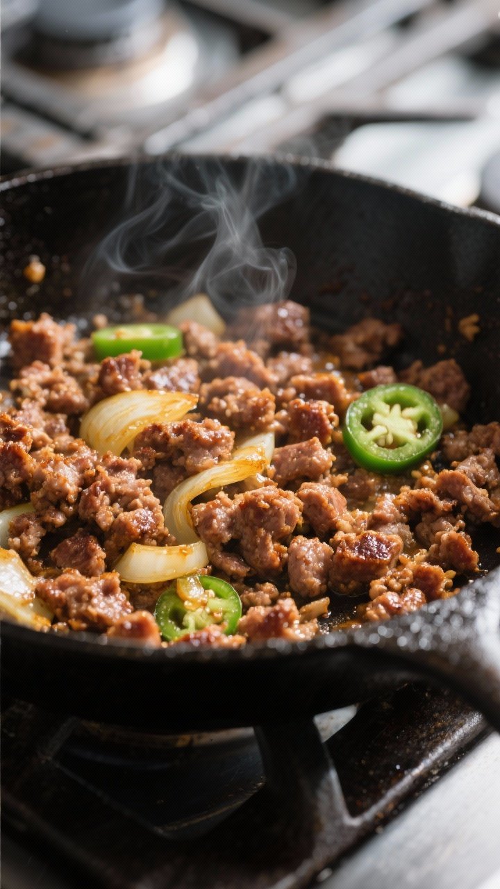 Cooking process close-up: Crumbled breakfast sausage sizzling in a cast-iron skillet, deeply browned