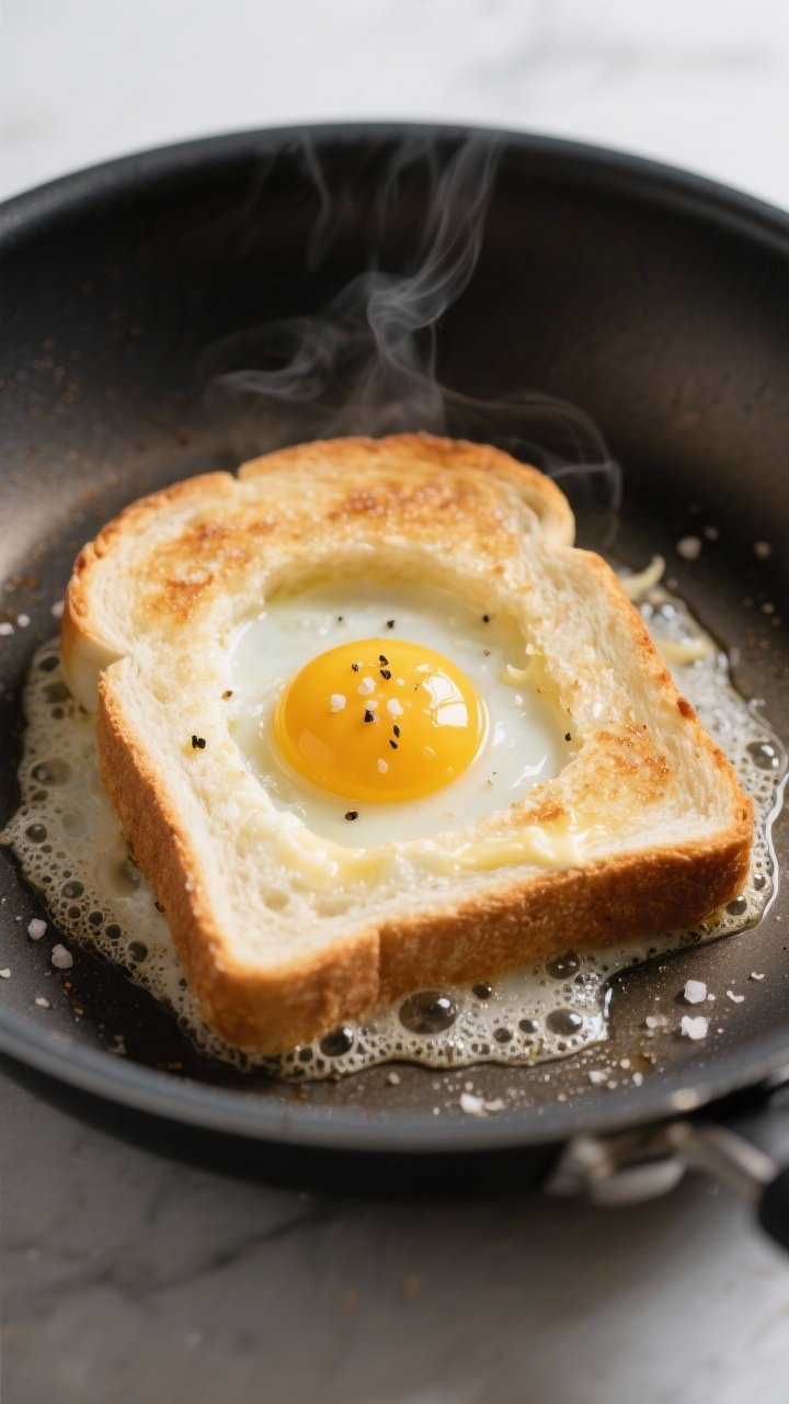 Cooking process, close-up detail: A shallow-depth-of-field close-up of an Egg-in-a-Hole sizzling in 