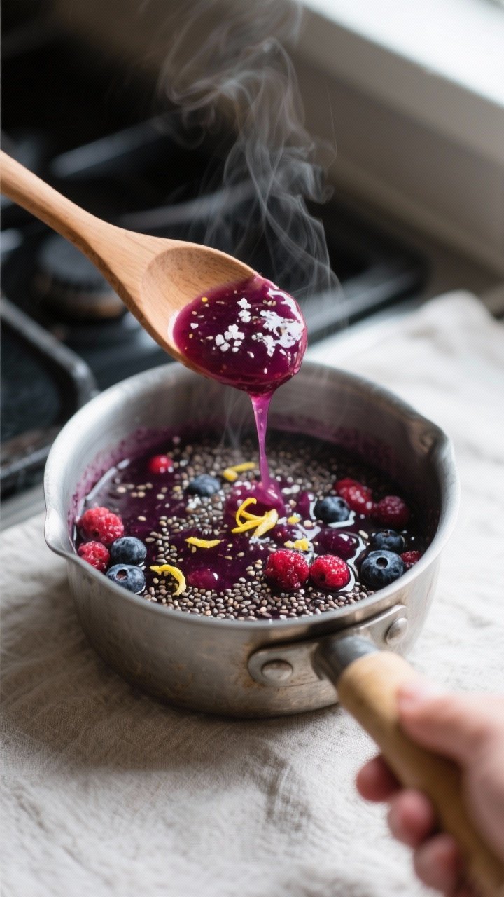 Cooking process, close-up detail: A small saucepan of mixed-berry chia jam just after simmering, ber