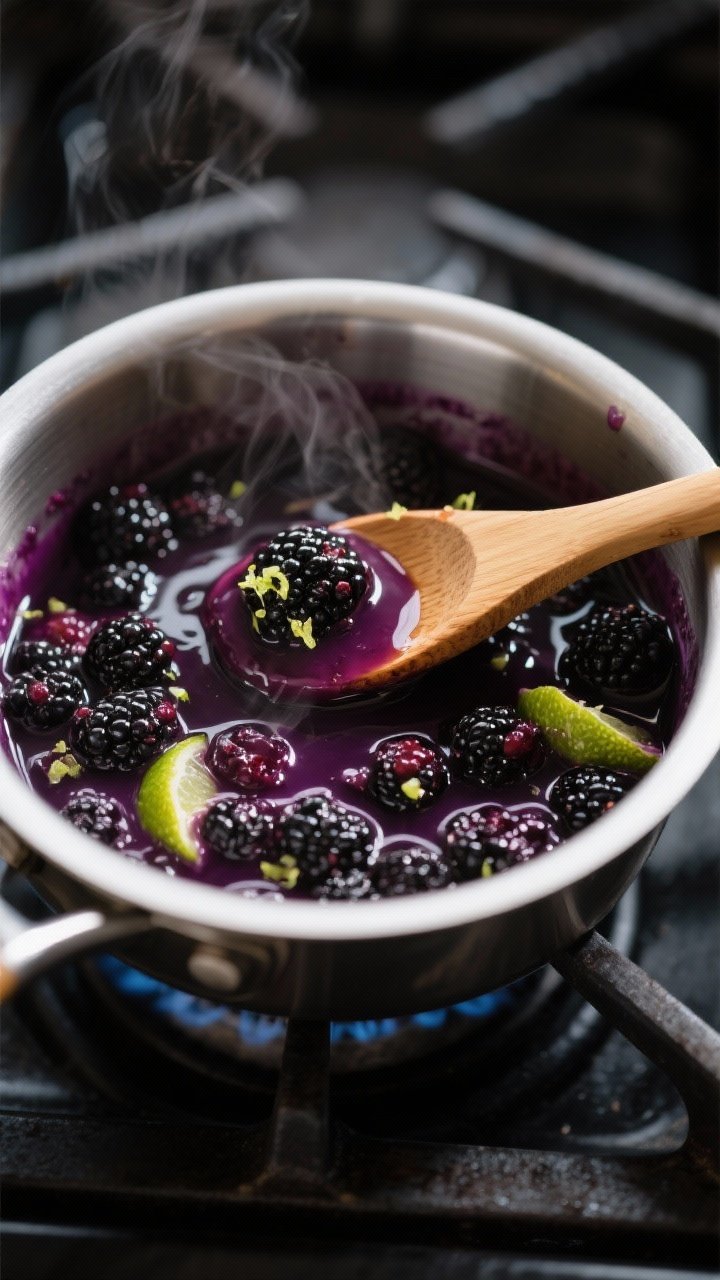 Cooking process, close-up detail: A small saucepan of glossy blackberry-lime sauce mid-simmer on a s