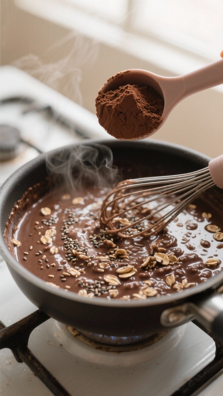 Cooking process, close-up detail: A tight, shallow-depth-of-field shot of chocolate oatmeal just rea
