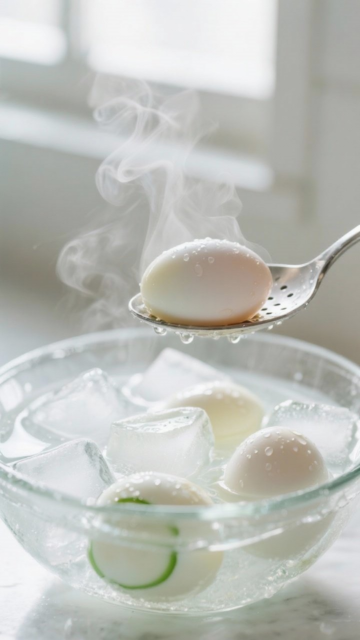 Cooking process, close-up detail: A tight, steam-kissed shot of hard-boiled eggs just lifted from si