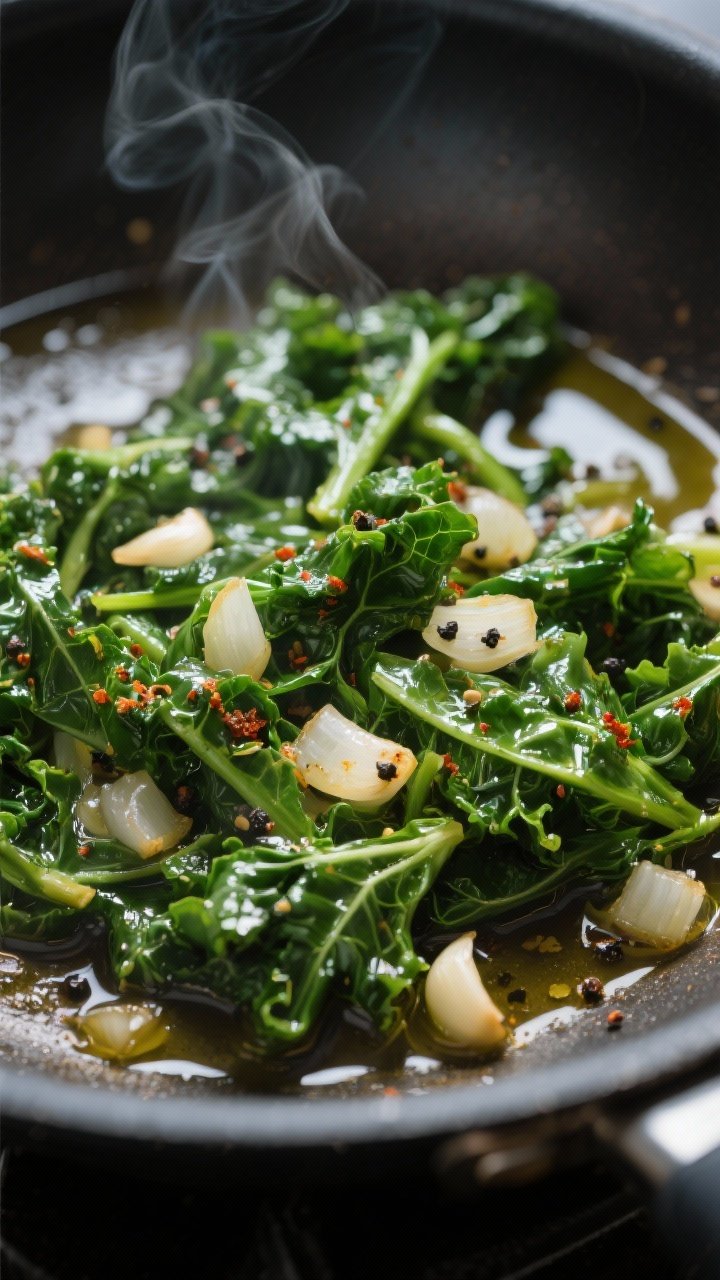 Cooking process, close-up detail: Sautéed kale, shallot, and garlic mixture just after wilting in a