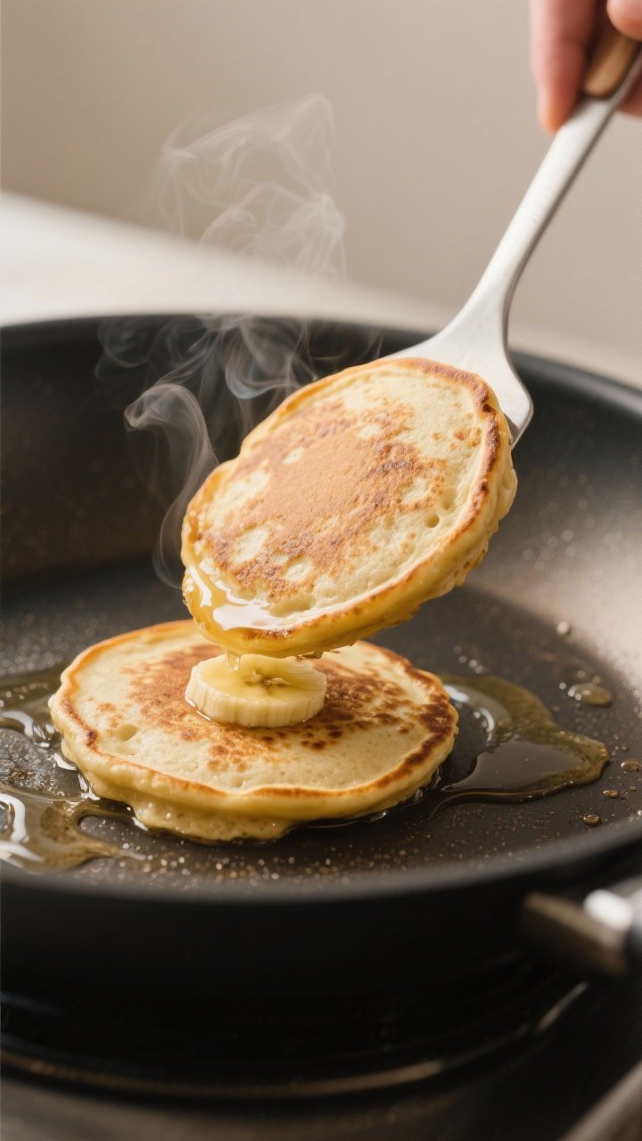Cooking process, close-up detail: Small-to-medium peanut butter banana protein pancakes on a nonstic