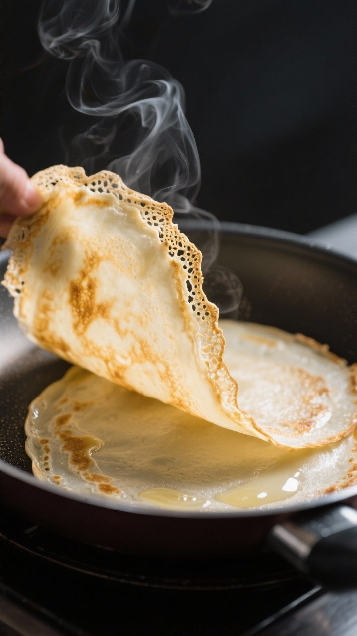 Cooking process, close-up detail: Thin protein crepe just flipped in an 8–10 inch nonstick skillet