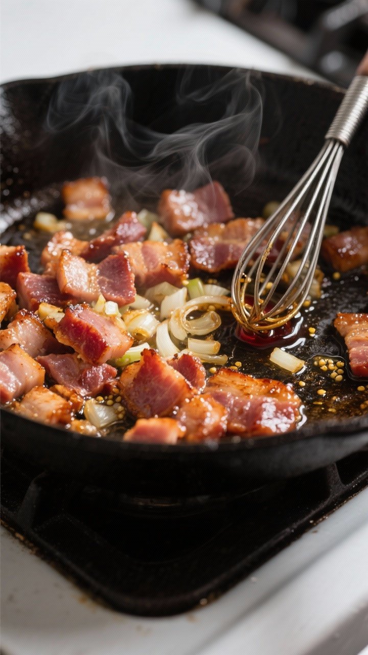 Cooking process close-up: Diced thick-cut bacon sizzling in a black skillet, edges deeply crisping a