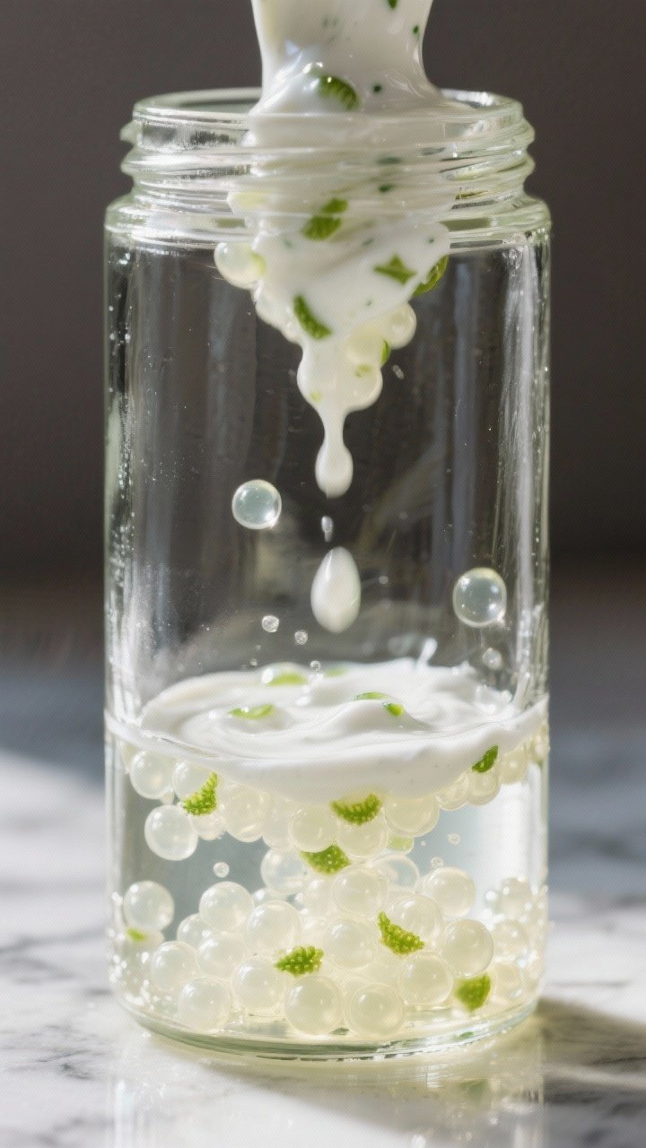Cooking process close-up: Droplets of finger lime yogurt mixture forming perfect caviar pearls as th