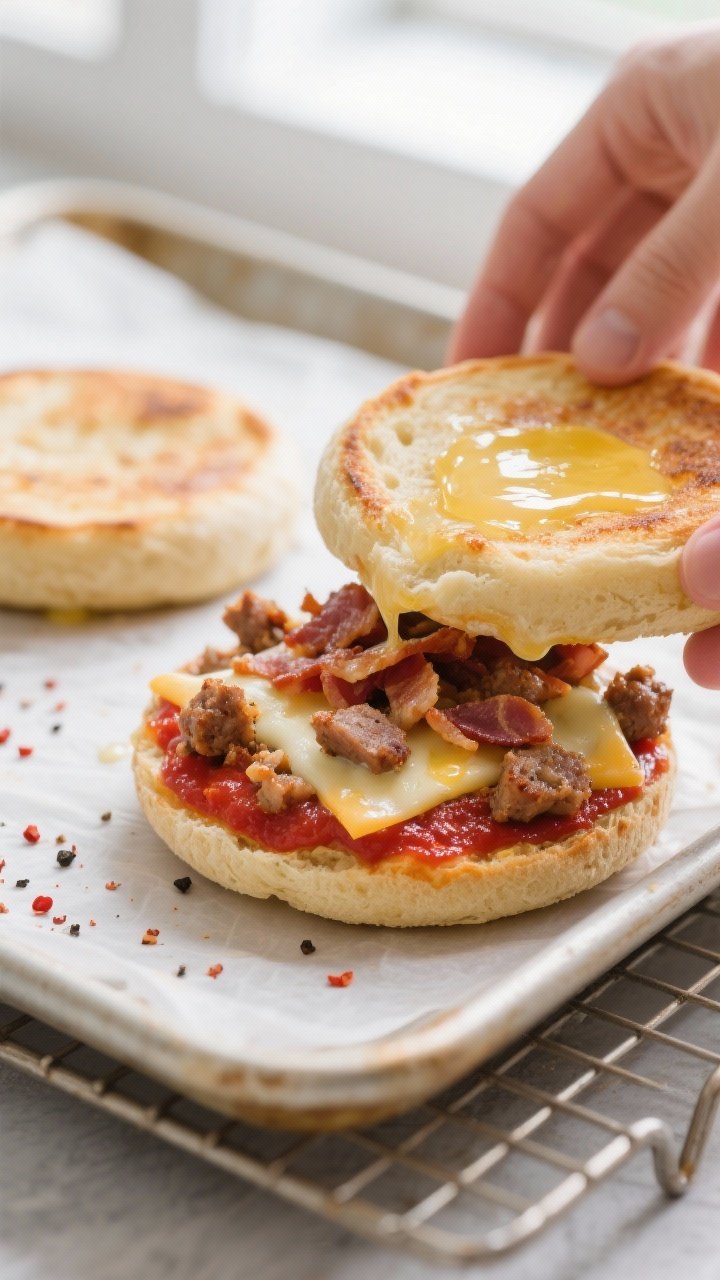 Cooking process close-up: English muffin halves freshly pre-toasted and brushed with a sheen of melt