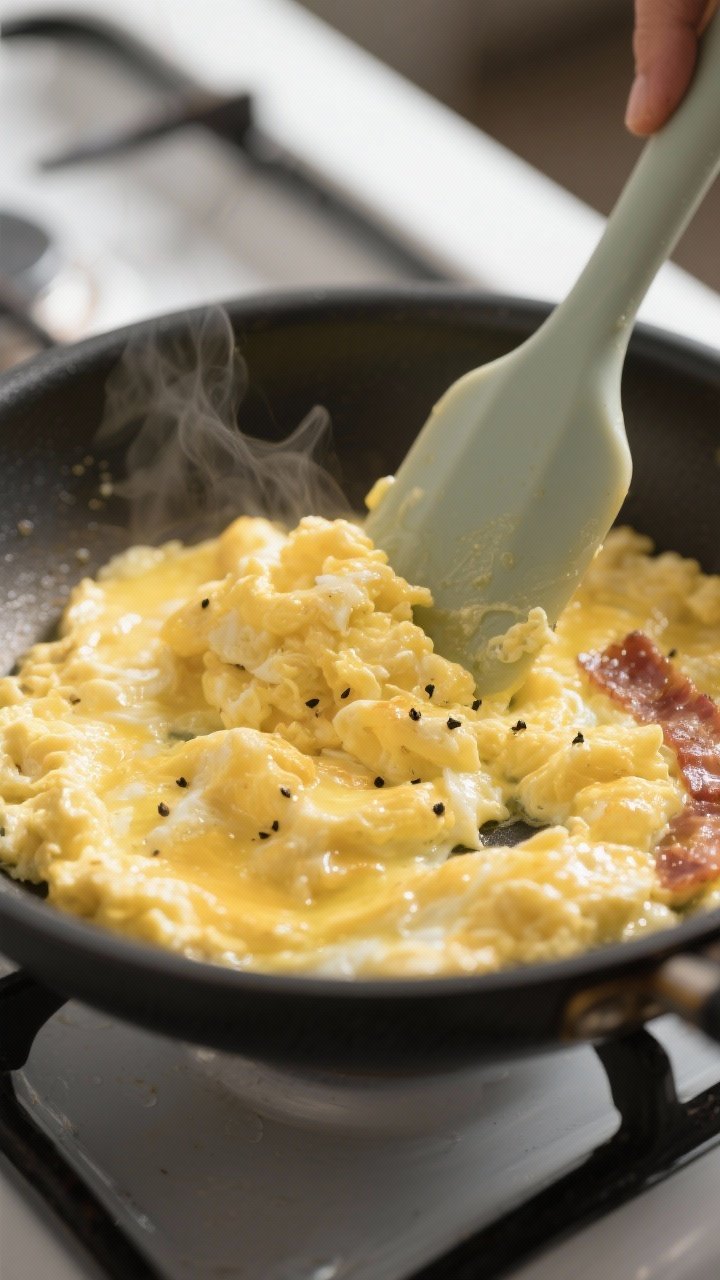 Cooking process close-up: Fluffy scrambled eggs just set and still glossy being gently pushed from t