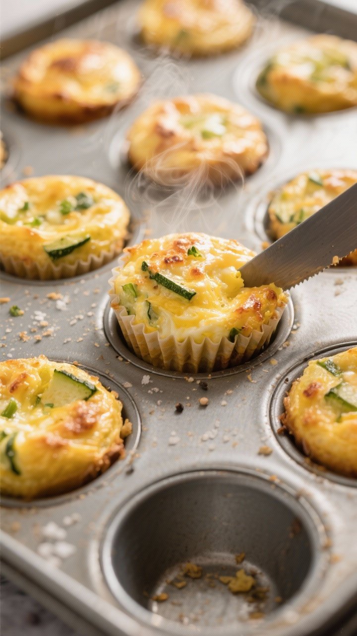 Cooking process close-up: Golden, puffed veggie egg muffins just out of the oven in a well-greased 1