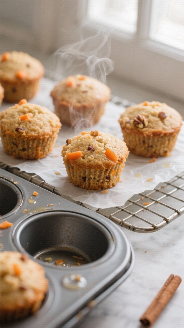Cooking process close-up: Mini carrot cake bites just out of the oven in a mini muffin tin, tops gen