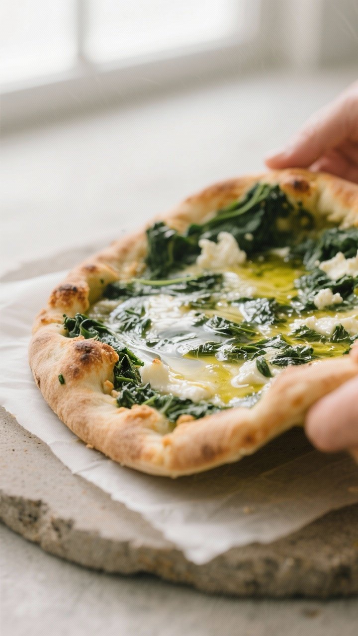 Cooking process close-up: Par-baked spinach crust just flipped for extra crisp on a parchment-lined,
