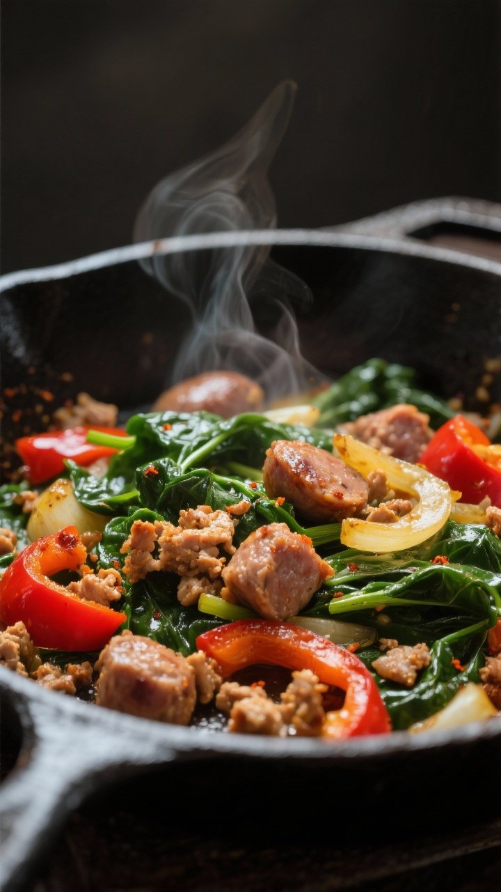Cooking process close-up: Sautéed turkey sausage, bell peppers, spinach, and onions finishing in a 
