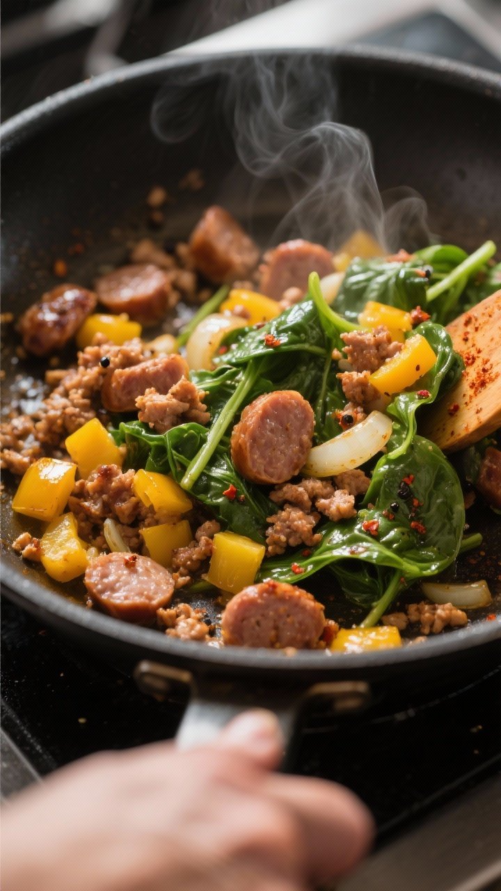 Cooking process, close-up: Sizzling turkey sausage with sautéed diced bell pepper, yellow onion, an