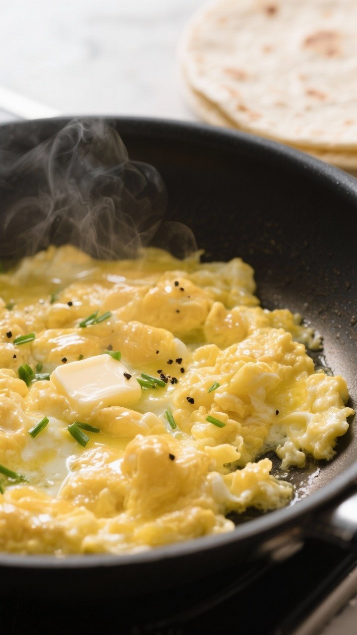 Cooking process close-up: Soft, glossy scrambled eggs forming tender curds in a nonstick skillet ove