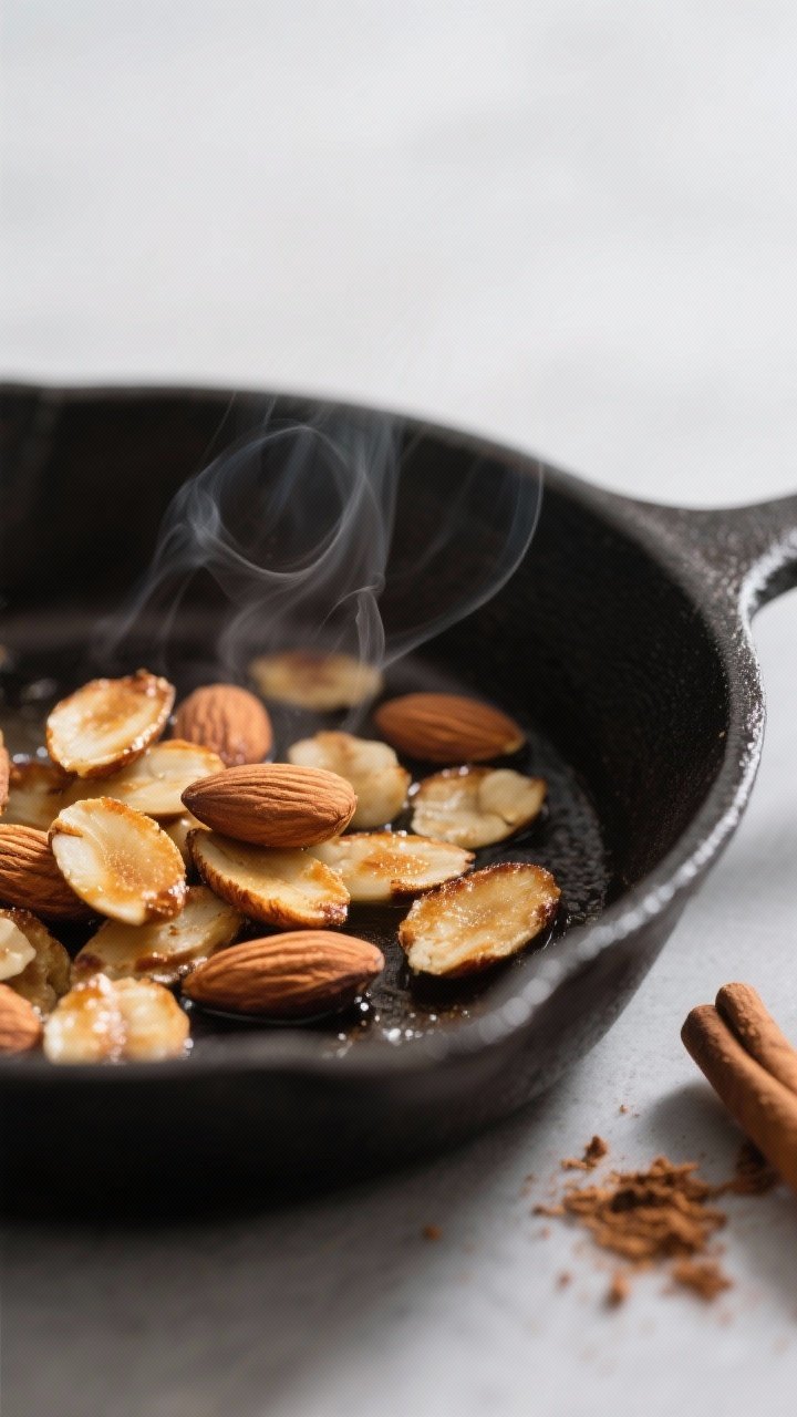 Cooking process close-up: Toasted almond slices in a dry skillet just turning golden, a few pieces d