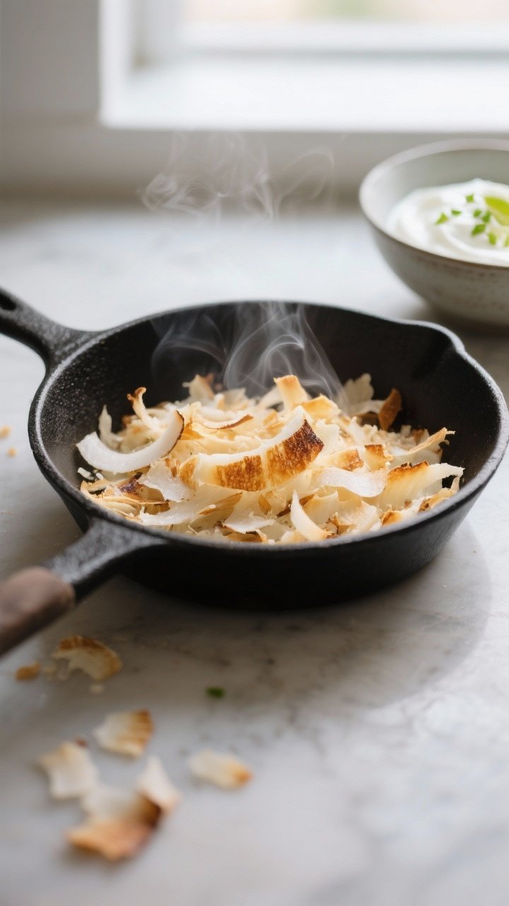 Cooking process close-up: Toasted shredded coconut in a small black skillet, just turning light gold