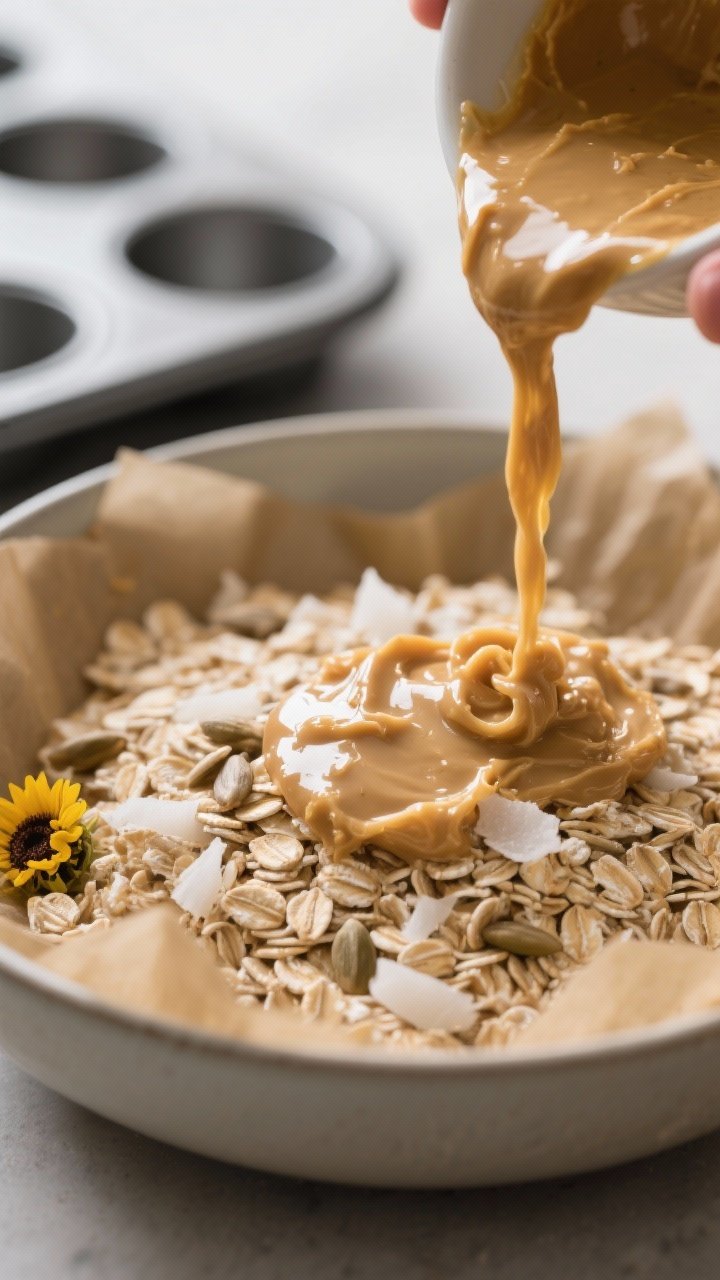 Cooking process close-up: Warm sunflower butter–maple mixture being poured over rolled oats in a m