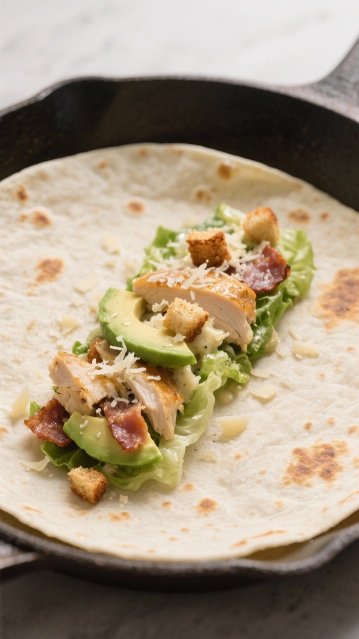 Cooking process close-up: Warm tortilla on a dry skillet with slight golden toast marks, a tight lin