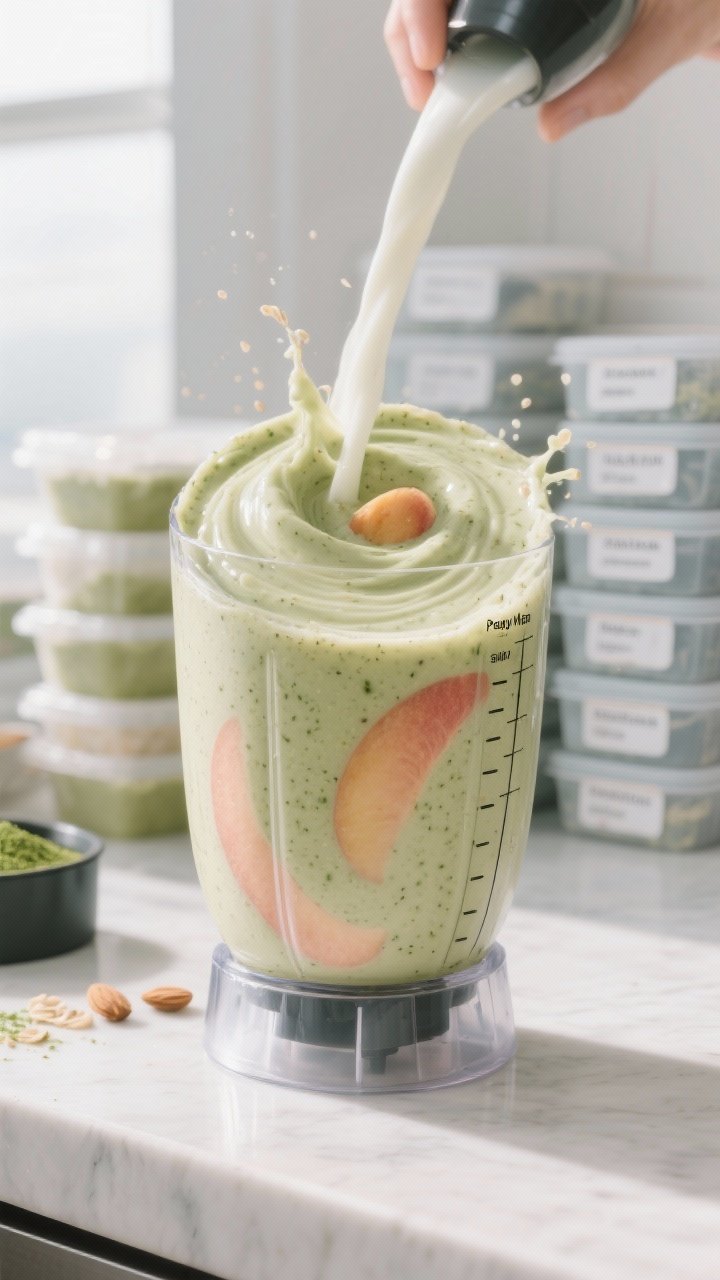 Cooking process: Final blend moment for the “Peachy Matcha” smoothie in a high-speed blender jar