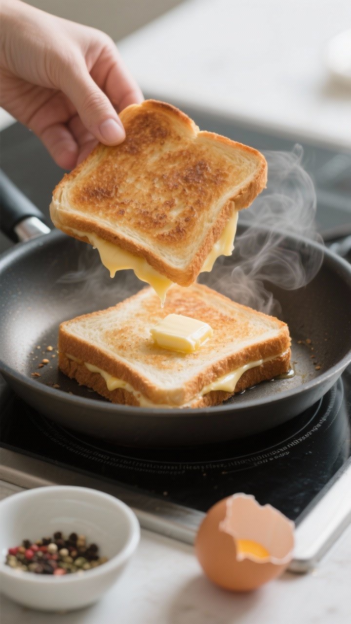 Cooking process: Flip moment captured—cheese-stuffed bread just turned to its second side in a non