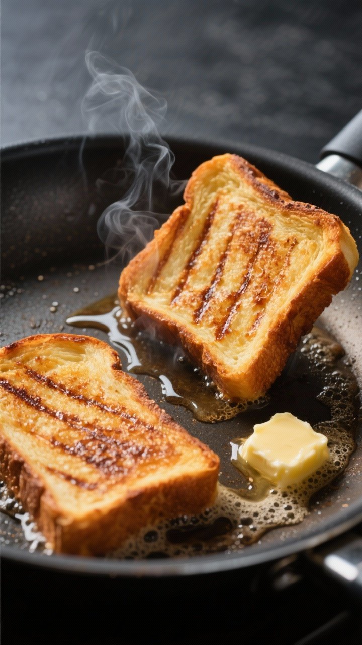 Cooking process: French toast sizzling on a nonstick skillet over medium heat, captured mid-cook wit