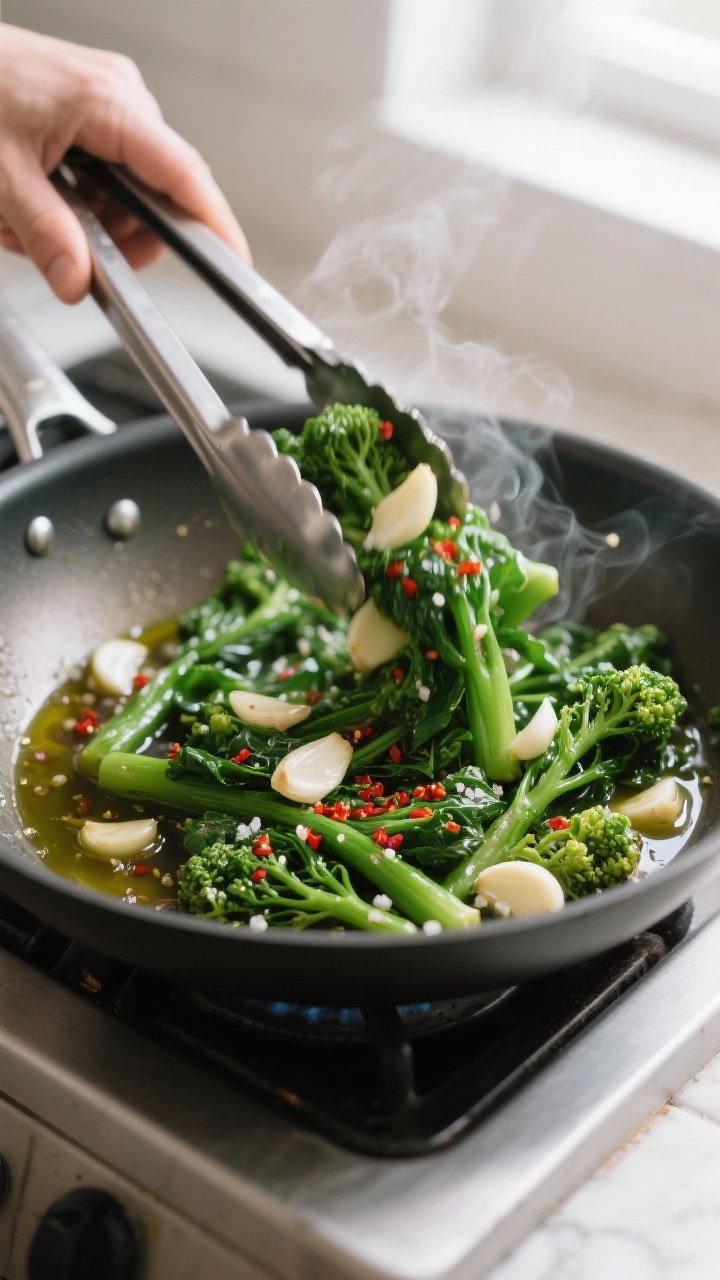 Cooking process: Garlicky rapini being tossed in a skillet after blanching—vibrant green rapini le