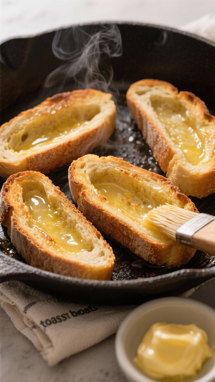 Cooking process: Golden, butter-brushed “toast boats” toasting in a cast-iron skillet over mediu