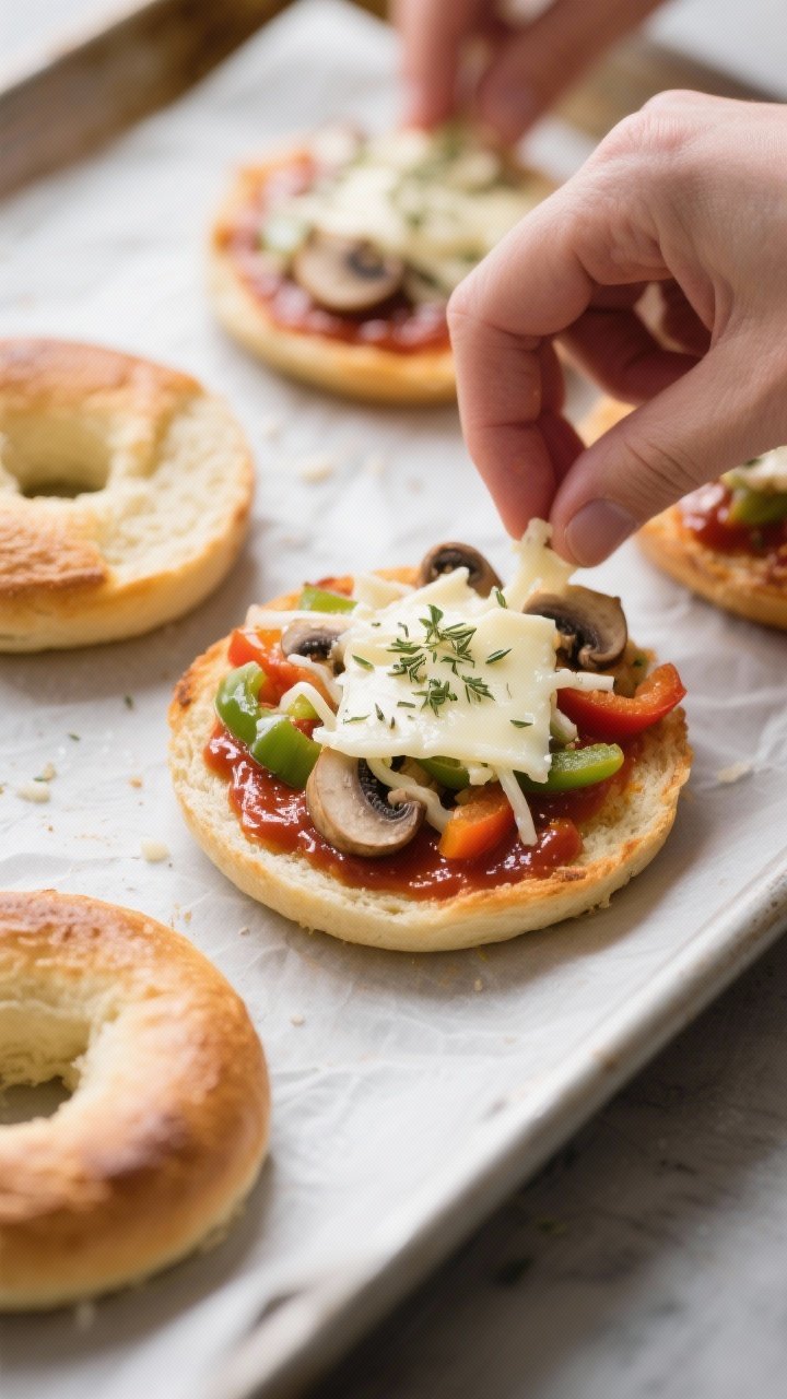 Cooking process: Lightly pre-toasted mini bagel halves on a preheated parchment-lined sheet being sa