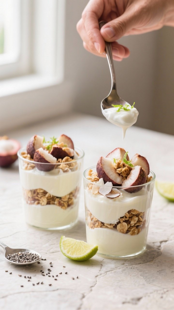 Cooking process: Mangosteen yogurt parfait being assembled in clear tumblers—first layer of smooth