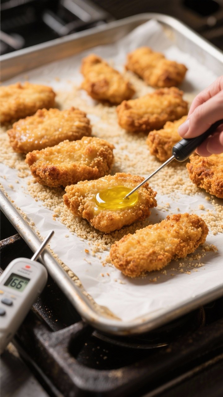 Cooking process: Nuggets mid-bake on a parchment-lined sheet pan at 425°F, half flipped to reveal t