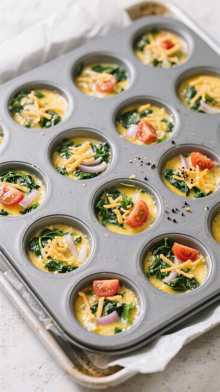 Cooking process: Overhead shot of a 12-cup muffin tin filled 3/4 full with the whisked egg mixture, 