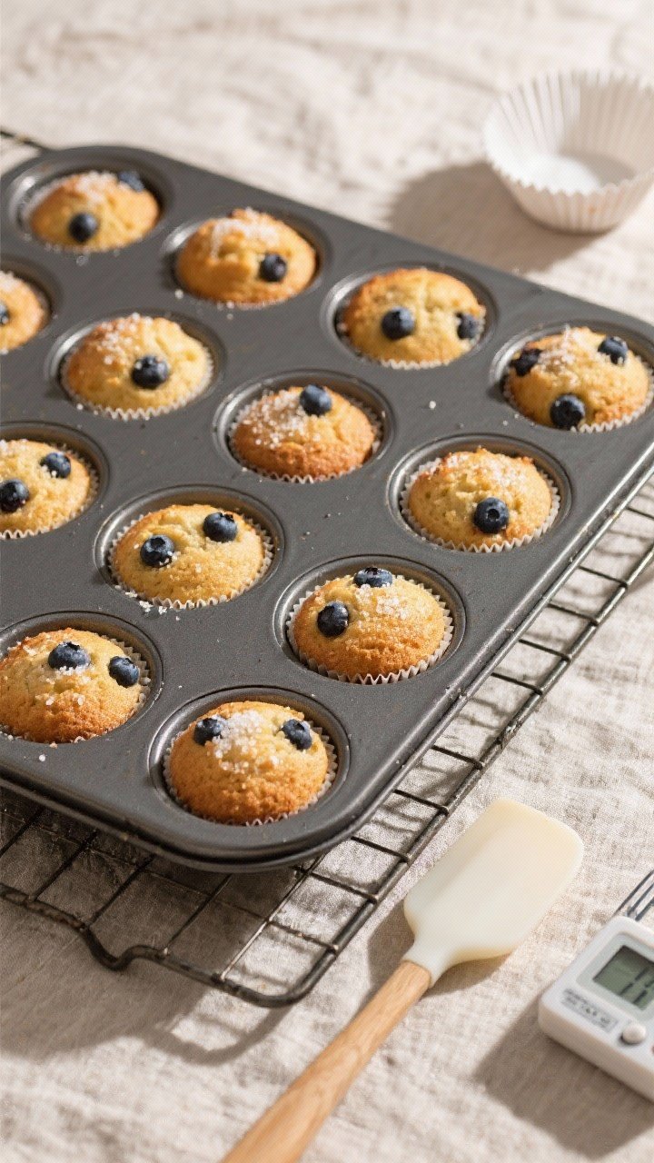 Cooking process: Overhead shot of a 12-cup muffin tin fresh from the oven on a wire rack, each muffi