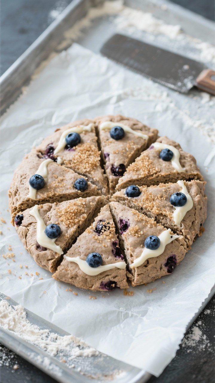 Cooking process: Overhead shot of a chilled, cut round of buckwheat-blueberry scone dough divided in