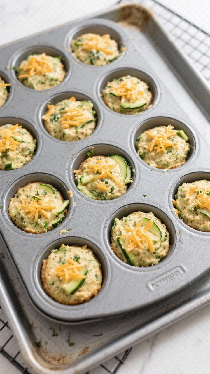 Cooking process: Overhead shot of a greased 12-cup muffin tin filled with thick, speckled batter for