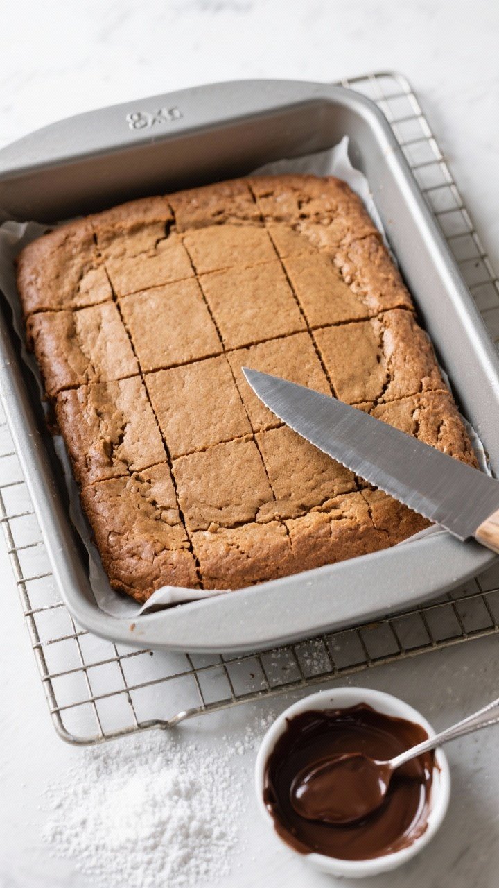Cooking process: Overhead shot of a just-baked gingerbread slab in an 8x8 pan lined with parchment,