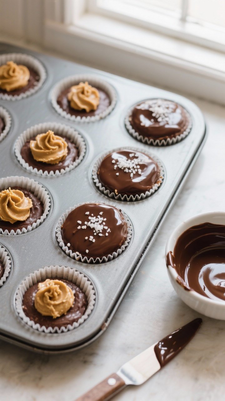Cooking process: Overhead shot of a mini muffin tin lined with paper cups during assembly—bottom c