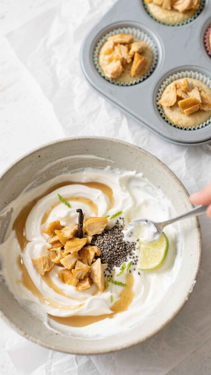Cooking process: Overhead shot of a mixing bowl filled with thick Greek yogurt base swirled with hon