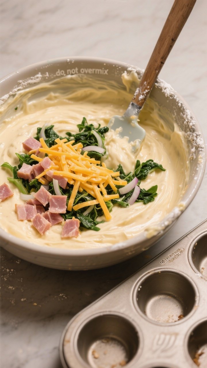 Cooking process: Overhead shot of a mixing bowl with the combined batter just after folding—visibl