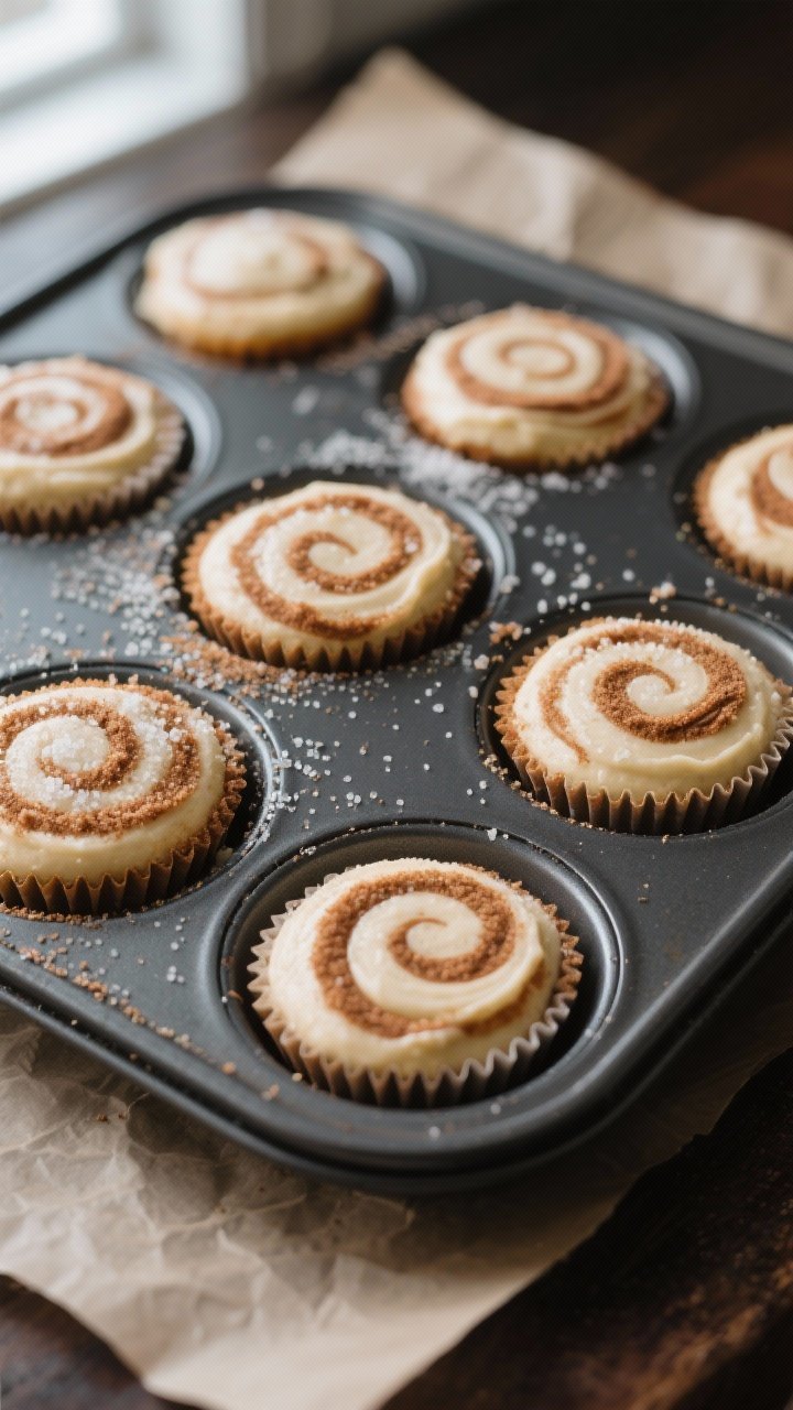 Cooking process: Overhead shot of a muffin pan just before baking, showing layered batter with visib