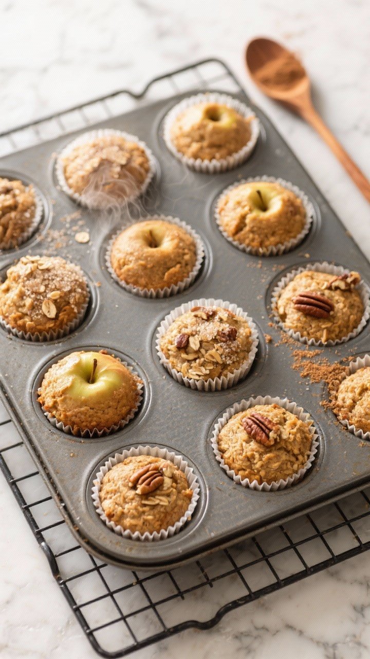 Cooking process: Overhead shot of a muffin tin just out of the oven, 12 golden-brown oat bran apple 