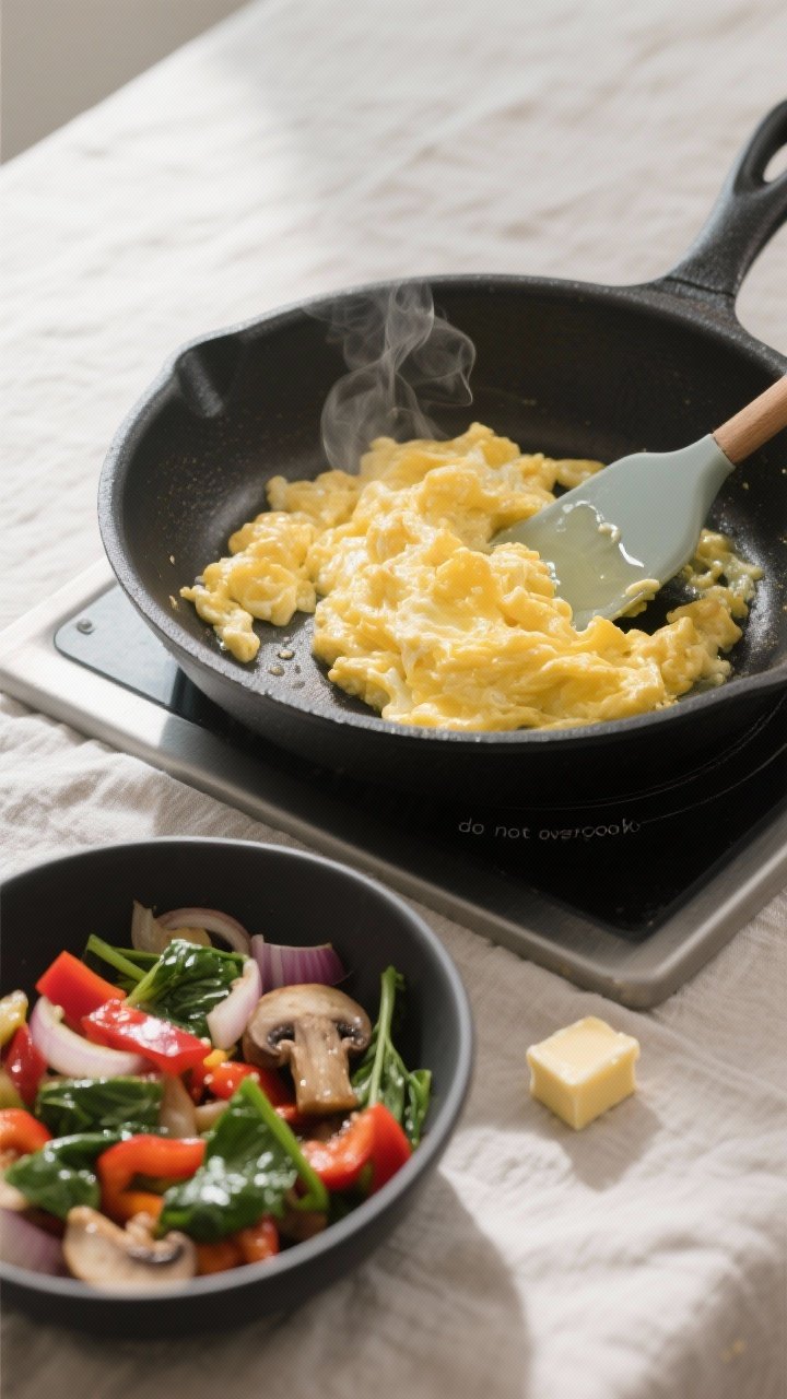 Cooking process: Overhead shot of a nonstick skillet over medium-low heat with softly set, silky scr