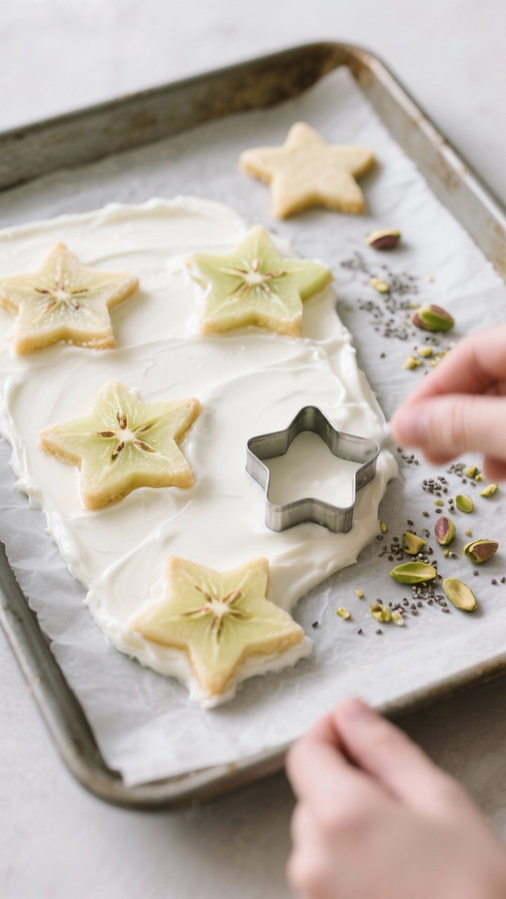 Cooking process: Overhead shot of a parchment-lined rimmed baking sheet with a thin, even layer of y