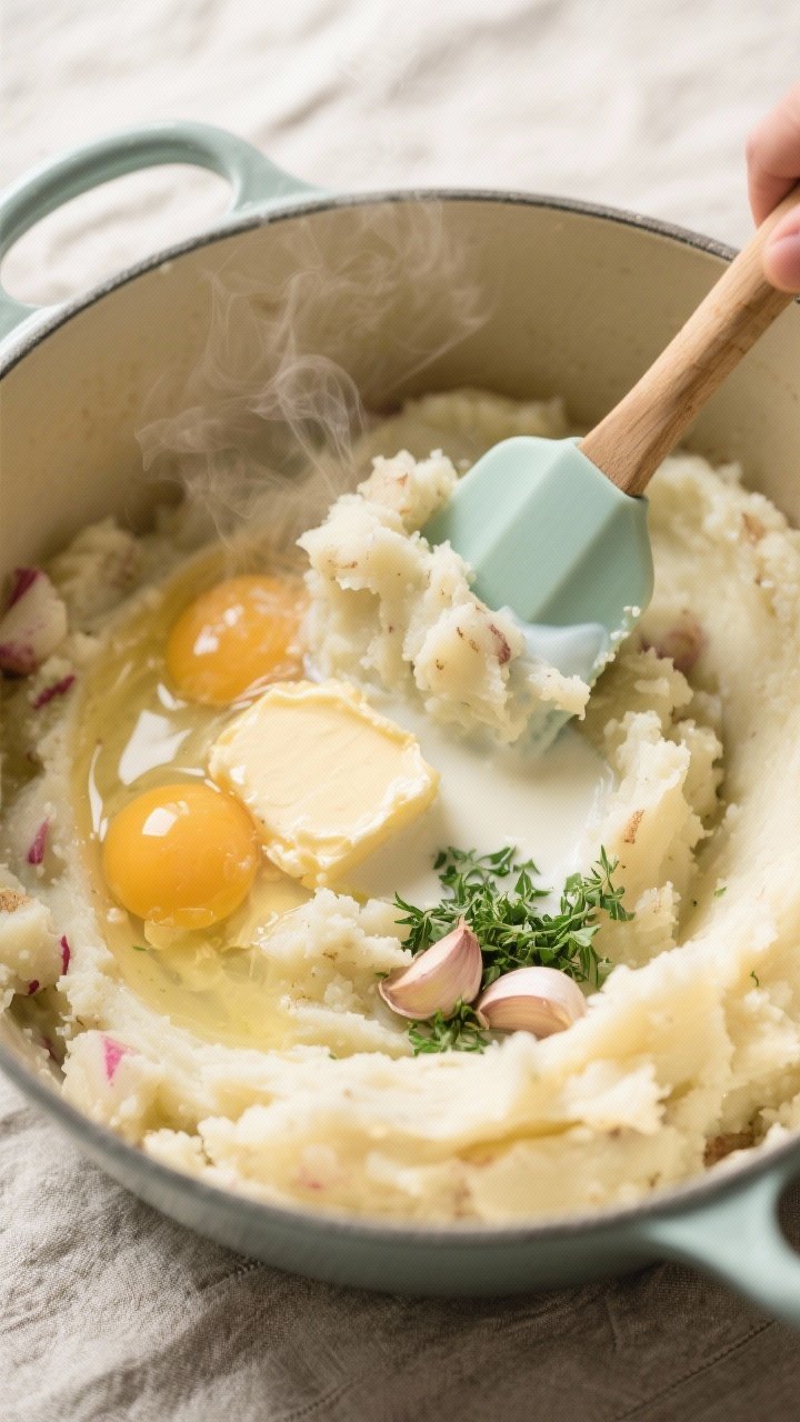 Cooking process: Overhead shot of a pot of freshly mashed turnip–potato mixture being folded with