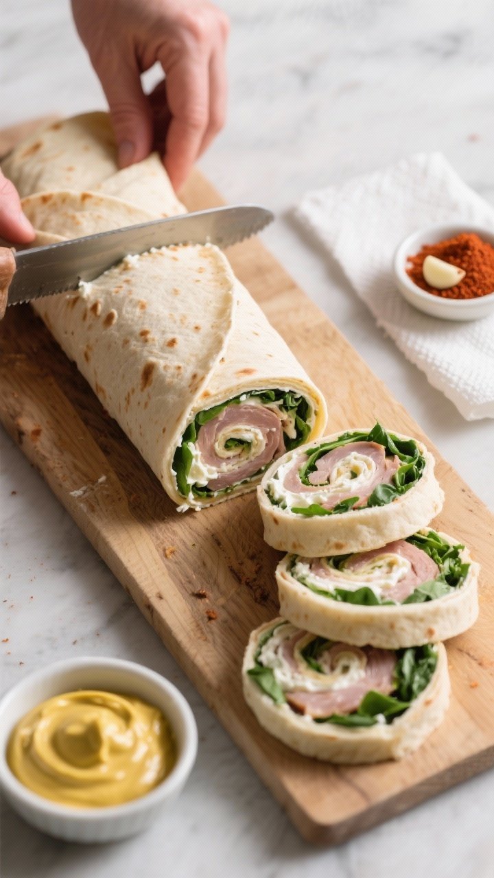Cooking process: Overhead shot of a tortilla roll being sliced after chilling, seam-side down on a b