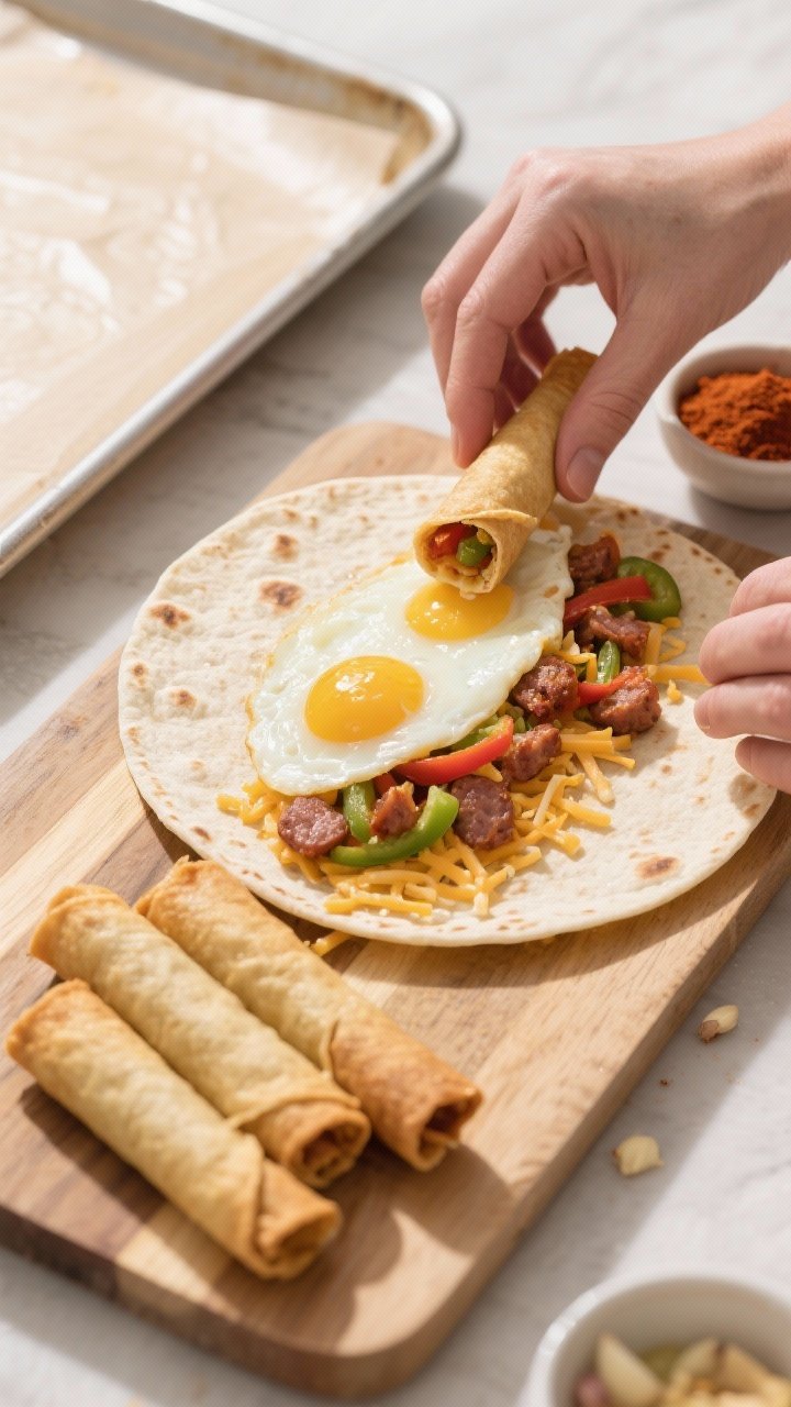 Cooking process: Overhead shot of a warmed mini flour tortilla being filled and rolled on a wooden b